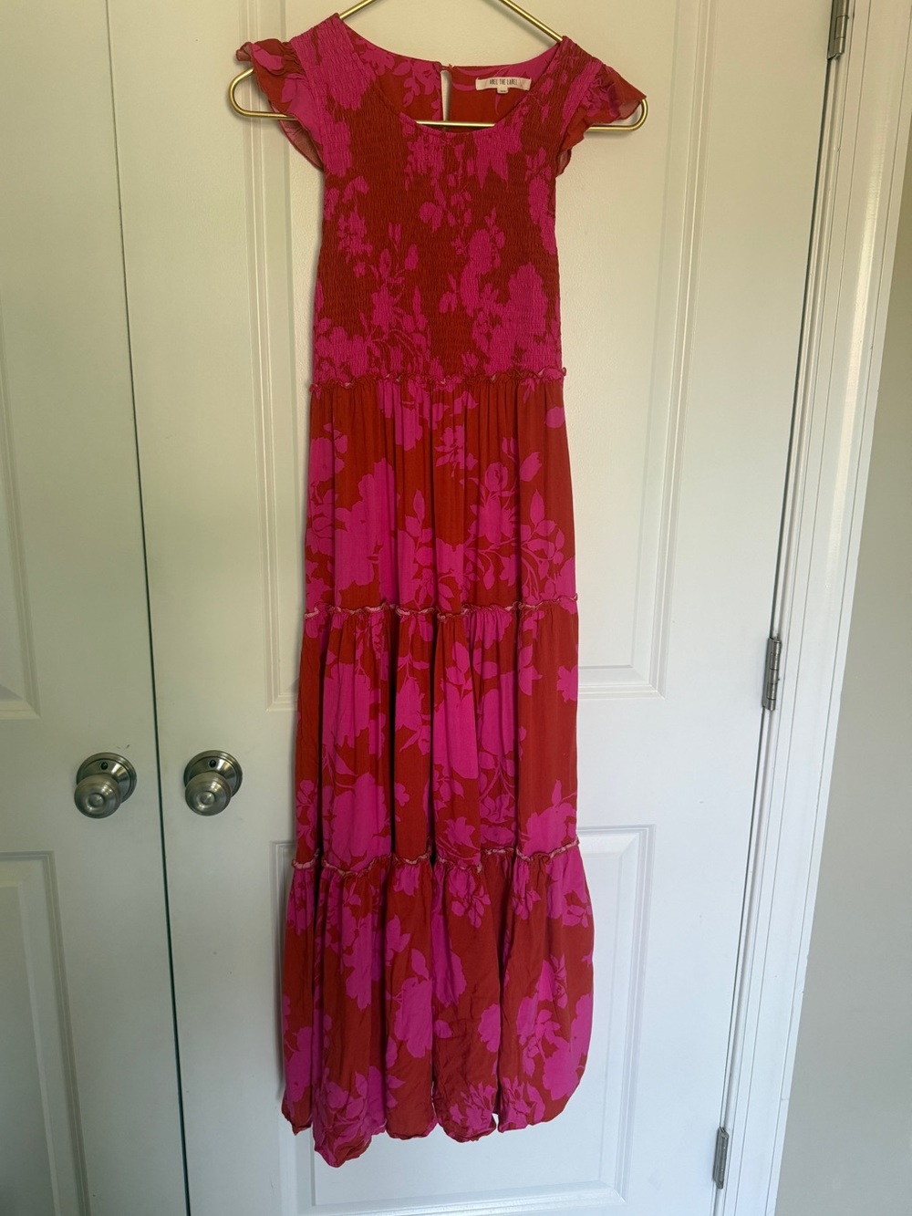 Women’s anthro floral  smocked bodice tiered Maxi Dress sleeveless pink red XS - Picture 2 of 8